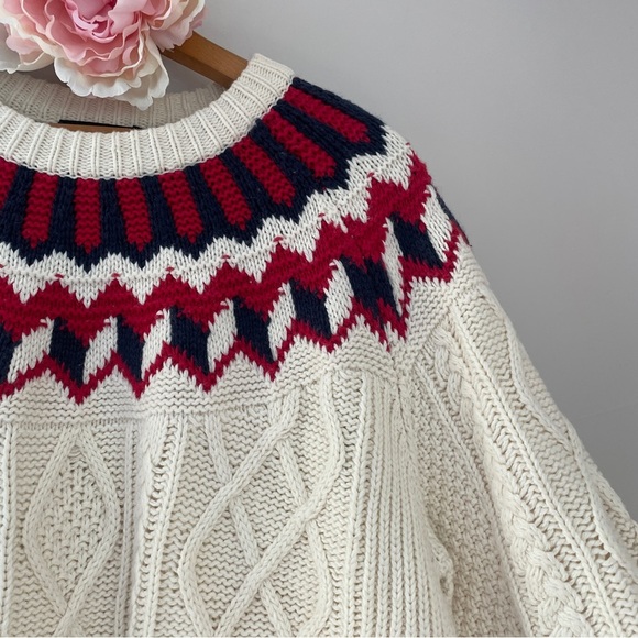 J. Crew Fair Isle Sweater Merino Wool Blend Fisherman Sweater Ivory Red Large L - Picture 5 of 9